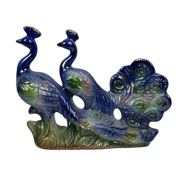 Vintage 50s Iridescent Lusterware Double Peacock Figurine Centerpiece Decor - Picture 1 of 5